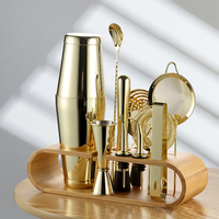 Perlengkapan Barware Baja Tahan Karat Pabrik, Set Peralatan Bartender, Shaker Koktail Boston, Hadiah Perjalanan, Dudukan Bambu - Logam Premium
