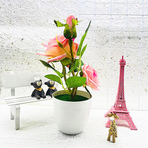 Bonsaï de rose artificielle Qi Xing 26 cm, fleur en soie hautement réaliste, plante en pot pour la décoration de la maison et des mariages - Product Image 4