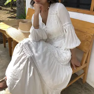 New High Quality Button Up Summer Maxi Women Embroidery Tunic Dress Chic and Sexy Long Sleeve Lace Cotton Cover up Shirt Dress