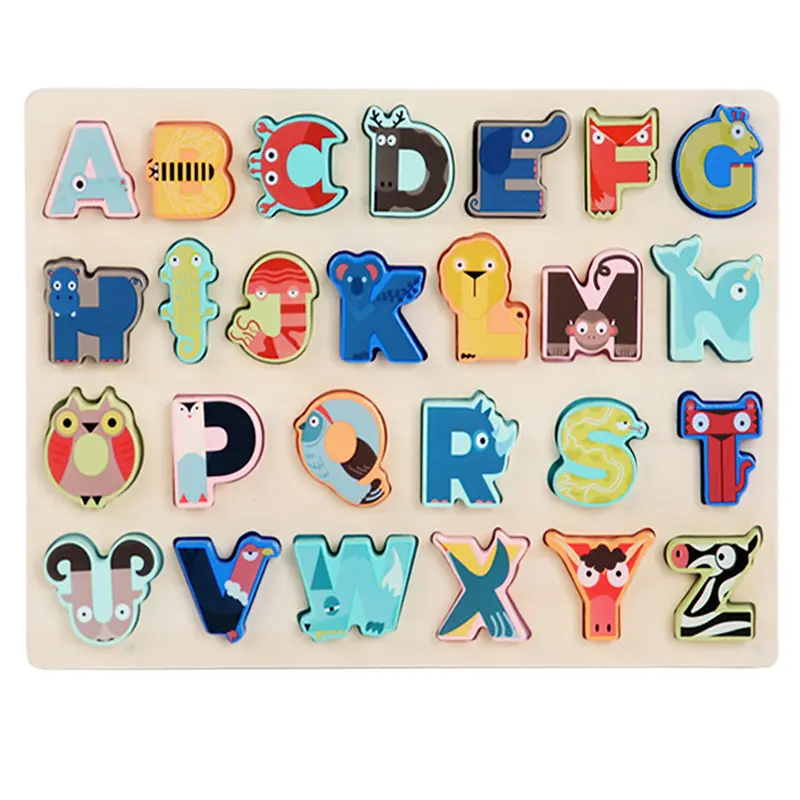 子供の木製の動物とアルファベットのマッチング3Dパズルボード文字の創造的な学習早期教育のための単語
