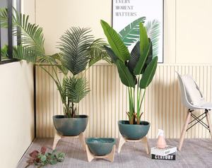 Ceramic Flower Pot with Wood Stand Minimalist Indoor Planter for Green Plants Circular Design Glazed Finis - Product Image 3