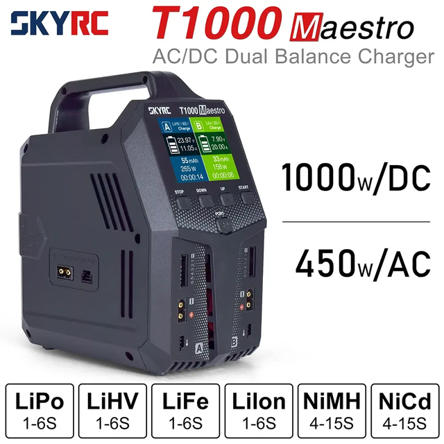 SKYRC T1000 High Power 200W AC/DC Drone Battery Charger Supports BD350 Amplifier PCH-150 Plugs 0.1-2.0A Output