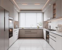 Cuisine complète moderne Lesso Home avec armoires en HPL peint effet marbre, évier, robinet, glissières de tiroir et paniers de tiroir pour appartement