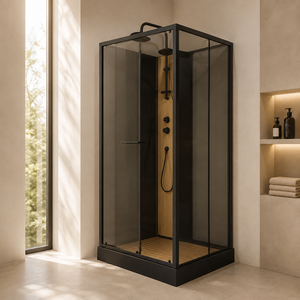 <span class=keywords><strong>Box</strong></span> <span class=keywords><strong>doccia</strong></span> angolare con telaio nero e <span class=keywords><strong>soffione</strong></span> a pioggia per bagno moderno, con piatto <span class=keywords><strong>doccia</strong></span> in legno a doghe - Vendita diretta dalla fabbrica - Product Image 1