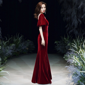 Women's Evening Gown Mermaid Long <b>Wine</b> Red <b>Velvet</b> <b>Dress</b> Sweetheart Neckline Natural Waistline Banquet Wedding Toasting <b>Dress</b> - Product Image 4