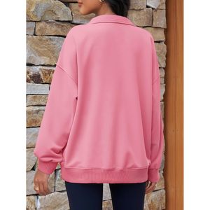 Sweat-shirt oversize pour femme à manches longues, col Henley à boutons-pression, coupe ample, pull décontracté, respirant, en maille, avec capuche - Product Image 4