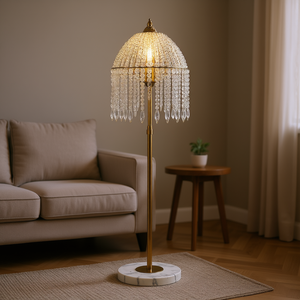 Lampadaire 3 lumières en fer doré et cristal avec perles en cascade et base en marbre pour salon et bureau, design élégant avec abat-jour en forme de dôme - Product Image 2