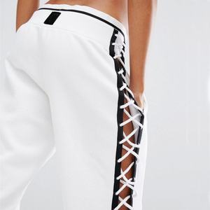 Pantalon de jogging décontracté et ample pour femmes, avec lacets latéraux, noir et blanc, avec chevilles élastiques - Product Image 4