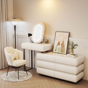 Creamy Style Beige Solid Wood Rock Slab <b>Dressing</b> <b>Table</b> - High-Grade Bedroom <b>Makeup</b> Desk with Integrated Storage Chest - Product Image 4