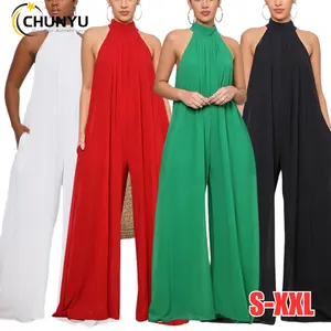 Women's Elegant Solid Loose Chiffon Halter Neck Backless One Piece Jumpsuit Wide Leg Long Pant Romper Party Outfit