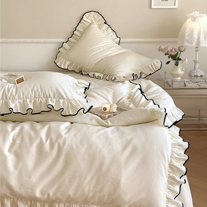 French-style 100-count Long-staple Cotton <b>Bedding</b> <b>Set</b> Solid Color Ruffled Duvet Cover Sheet Pillowcase Home Use Four Seasons - Product Image 4