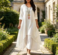 Robe longue maxi tendance pour femmes grandes tailles, manches longues, col en V, superposée, en coton et lin, vêtements décontractés pour femmes