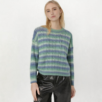 Pull court à col rond en tricot torsadé à rayures horizontales bleu-vert dégradé, vêtements pour femmes, tenue décontractée, haut à manches longues, directement de l'usine