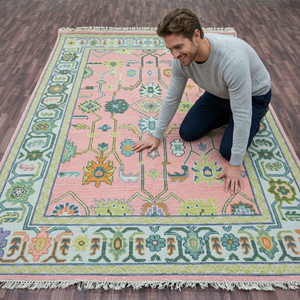 Abstract Area Rug Rectangle Pink Green Hand Tufted Wool Silk Flat Pile Eco Friendly Pet Friendly Stain Resistant Living Room - Product Image 1