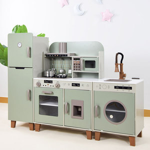 Ensemble de jeu 3-en-1 moderne en bois vert sauge pour enfants : cuisine, réfrigérateur et buanderie avec four, micro-ondes, évier et robinet - Product Image 2