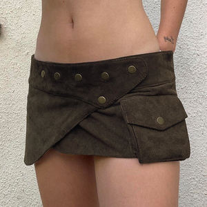 Vintage Suede Asymmetrical <b>Mini</b> <b>Skirt</b> Women Mid Waist Studded A-Line <b>Skirt</b> with Flap Pocket Street Style Fashion - Product Image 5