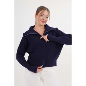 Cárdigan de punto azul marino para mujer, informal, con cuello con cremallera, anti-bolitas, suéter de manga larga - Product Image 3