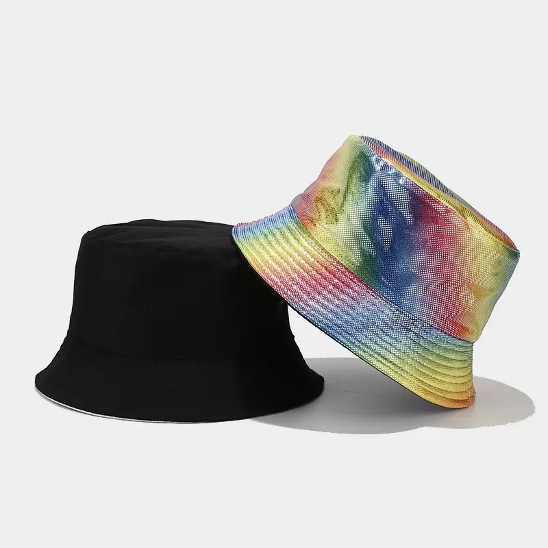 Chapeau seau métallique noir chapeaux de pêcheur double face unisexe casquette compressible réversible unisexe mode chapeau de fête en cuir PU