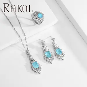 RAKOL SP3477 New Design Luxury Wedding Bridal Cubic Sky Blue Zirconia Diamond 18K Gold Plated Necklace And Earrings Jewelry Sets