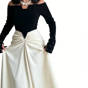 Robes de soirée élégantes pour femmes, à manches longues, plissées, bicolores, avec perles, tendance - Product Image 5