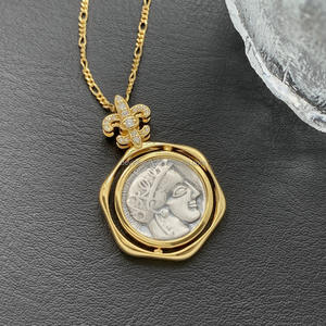 Trendy 925 Sterling Silver 18K <b>Gold</b> Plated Zircon Link Chain Relief Athena <b>Coin</b> Pendant <b>Necklace</b> Women-Engagement Party Gift - Product Image 5