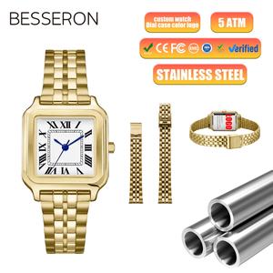 Reloj de Cuarzo Portátil de Lujo para Mujer, Acero Inoxidable Dorado, Caja Cuadrada de 26 mm, Esfera de Cristal, Diseño Simple y Elegante para Damas - Product Image 1