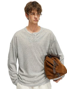 Men's Long Sleeve <b>Henley</b> T Shirt Speckled Knitted Casual Pullover Custom Logo <b>Top</b> - Product Image 5