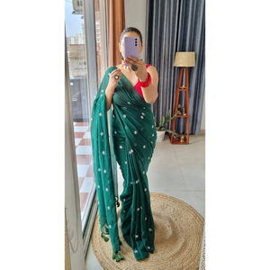 Sarees de Algodón Khadi de la Mejor Calidad con Bordado de Barra de Color y Borlas (Con Blusa), para Oficina/Uso Diario y Fiestas - Product Image 4