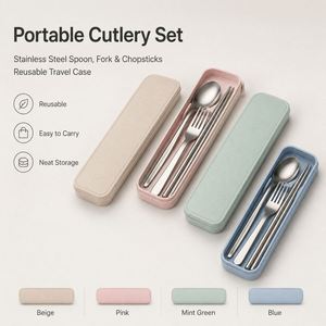 <b>Cutlery</b> Utensil Chopsticks Spoon <b>Set</b> Metal Straw <b>Portable</b> Travel <b>Cutlery</b> <b>Set</b> with Case - Product Image 1