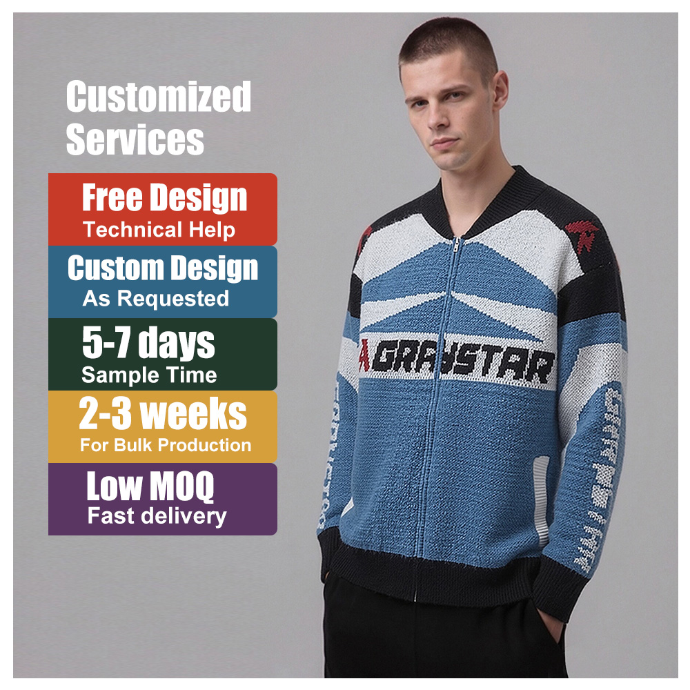 Custom Men's Vintage Racing Jacket Zip Knitwear Sweater Motorcycle Graphic Track Coat Casual Winter Breathable Cardigan
