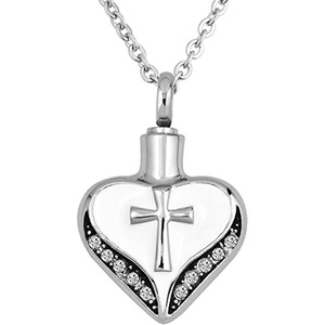 Collar con colgante de urna en forma de cruz de corazón de acero inoxidable con circonita, recuerdo conmemorativo, kit de embudo para servicios funerarios budistas - Product Image 2