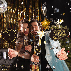 21 pièces/ensemble 2024 Joyeux Nouvel An <span class=keywords><strong>Accessoires</strong></span> photo pour fête <span class=keywords><strong>Accessoires</strong></span> de fête en papier noir Décoration de vacances en famille - Product Image 2
