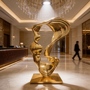 Escultura Abstracta Grande Personalizada de Acero Inoxidable, Arte Metálico Pulido con Acabado Espejo <span class=keywords><strong>Dorado</strong></span> Fluido para Vestíbulo de <span class=keywords><strong>Hotel</strong></span> - Product Image 5