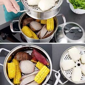 Olla vaporera de acero inoxidable de tres capas con tapa, multifuncional, ideal para cocinar, utensilio de cocina universal para la preparación de alimentos. - Product Image 3