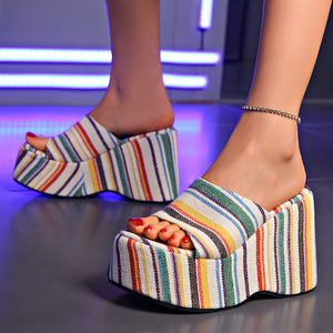 Nouvelles <span class=keywords><strong>sandales</strong></span> pour femmes à <span class=keywords><strong>talon</strong></span> compensé épais, style mule à bride unique, talons hauts, couleur unie, en tissu, pour la plage - Product Image 2