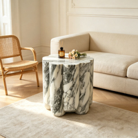 Table d'appoint de luxe en marbre naturel haut de gamme, sculptée monolithique, à pétales de fleurs veinés verts, pour canapé