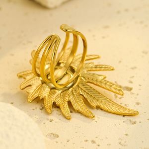 Anillos de joyería de moda Anillo de hoja de acero inoxidable chapado en oro de 18 quilates Anillos de perlas ajustables abiertos gruesos para mujer - Product Image 4