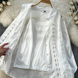 New Hollow Crochet Lace Splicing Long-sleeved Shirt High-waisted Wide-legged <b>Pants</b> Women's Casual 2-piece Set Fashion - Product Image 6