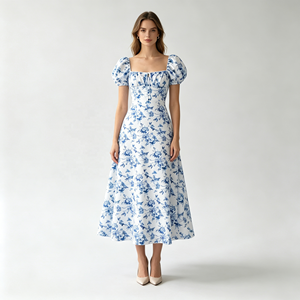 Robe longue florale pour femme, col carré, manches courtes bouffantes, dos noué, coupe trapèze, pour vacances, mariage, invitées, soirée ODMOEM - Product Image 1
