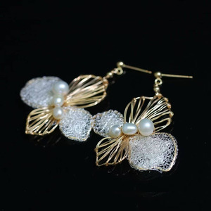 wholesale Handmade Dual Craft Floral <b>Drop</b> <b>Earrings</b>, USA Imported 14K Gold Filled, Natural Freshwater Rice Pearl Dangle <b>Earrings</b> - Product Image 2