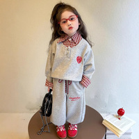 Ensemble 2 pièces en coton pour petites filles, sweat-shirt à col à carreaux effet deux pièces et pantalon brodé, tenue preppy pour enfants, vente en gros