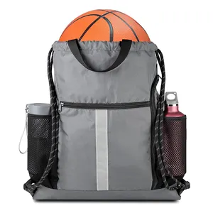 Oxford Drawstring Backpack Sports Gym Bag With Shoe Compartment and Two Water Bottle Holder