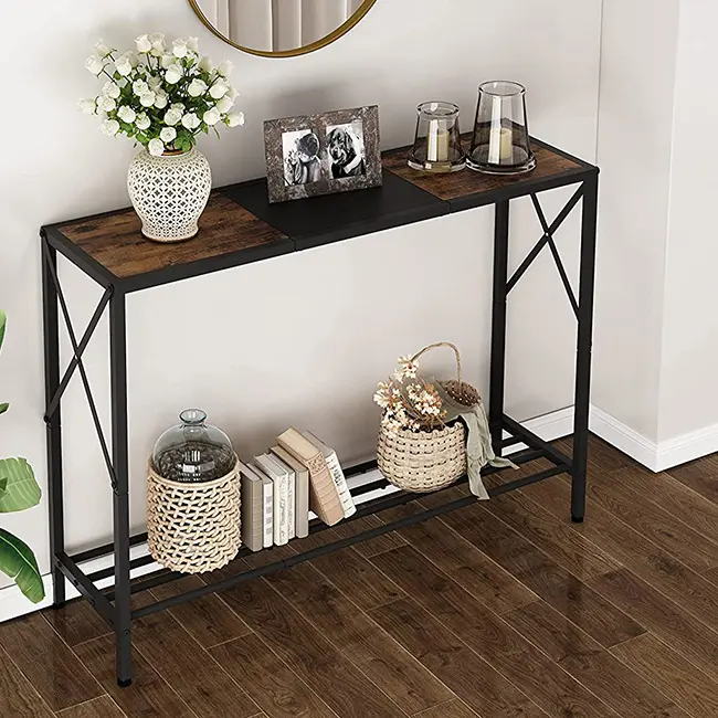 2 Tier Narrow Wood Console Table Shelf Multi-function Mobile Desk Industrial Entrance Table Skinny Side Table Plant Stand