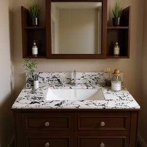 Encimera de Baño Carrara Blanca y Negra de 37x22 con 3 Orificios para Grifo, Lavabo de Cerámica Empotrado, Modelo D0100XFR20U - Product Image 2