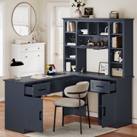 Bureau d'ordinateur en forme de L avec 2 armoires, 2 tiroirs, 11 étagères ouvertes, 1 étagère rabattable à droite, prise de courant, finition bleu antique