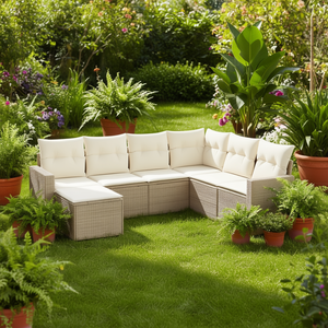 Conjunto de Sofás de Jardín Beige de Ratán para 6 Personas, Muebles de Exterior Resistentes a la Intemperie, Diseño Contemporáneo - Product Image 2