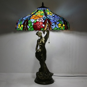 LongHuiJing Newly Handmade Glass Desk <b>Lights</b> Vintage 18Inch Stained Glass Lampshade Tiffany Style Oval Art Flower Stand Lamps - Product Image 6