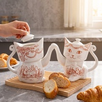 Théière en céramique en forme de chat mignon de la campagne française, théière rustique en forme de chaton pour tisanes et café à usage domestique