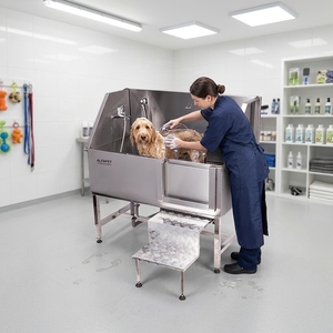 Baignoire de toilettage pour chien ALFAPET AP-908S en acier inoxydable avec échelle à deux marches, porte latérale et robinet intégré pour salon - Product Image 1