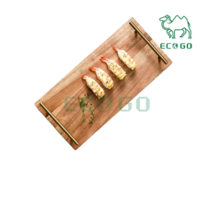 Plateau de service de petit déjeuner en bois rectangulaire plateau rustique personnalisé avec poignée en acier inoxydable plateau en bois de bambou - Product Image 5